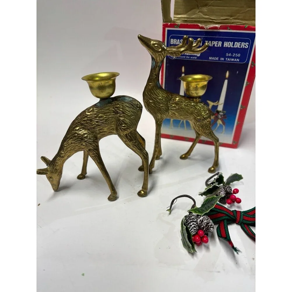 Vintage Brass Deer Taper Candle Holders Christmas Around the World Set of 2